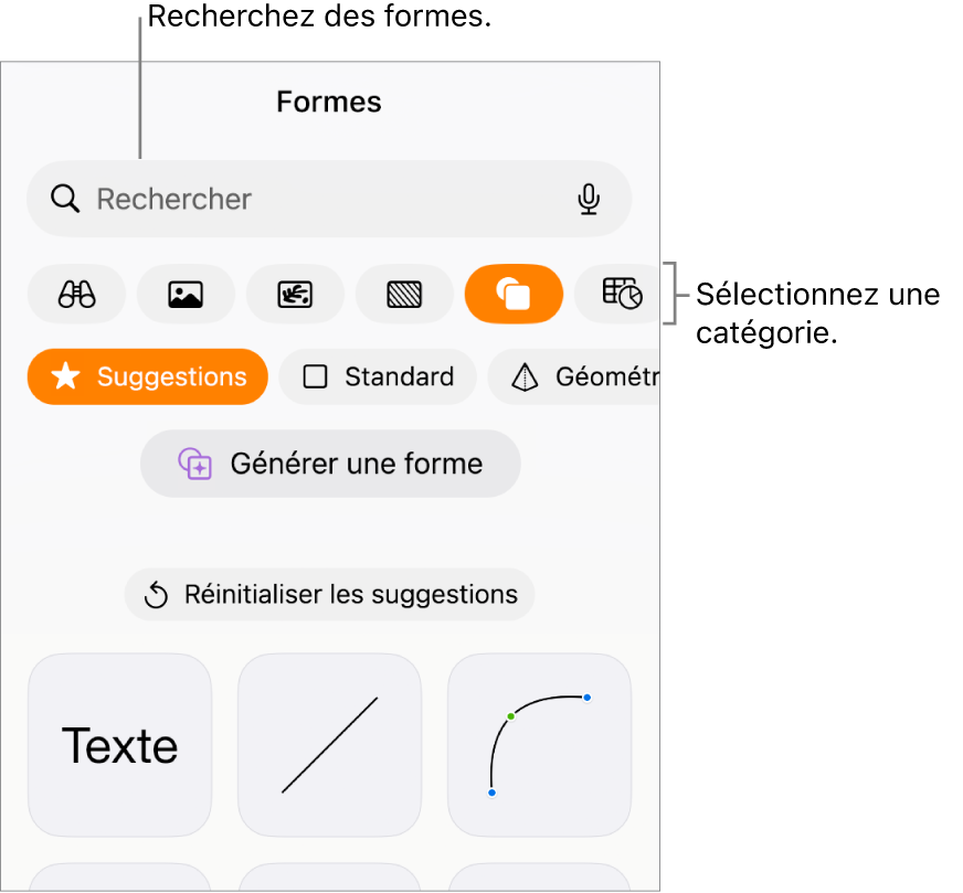 Bibliothèque de formes, les catégories étant affichées en haut et les formes, en bas. Vous pouvez utiliser le champ de recherche situé en haut pour rechercher des formes, et balayer l’écran pour en trouver d’autres.