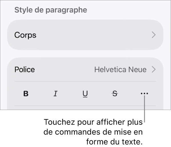 Onglet Texte des commandes Format accompagné d’une légende pour le bouton Plus d’options de texte.