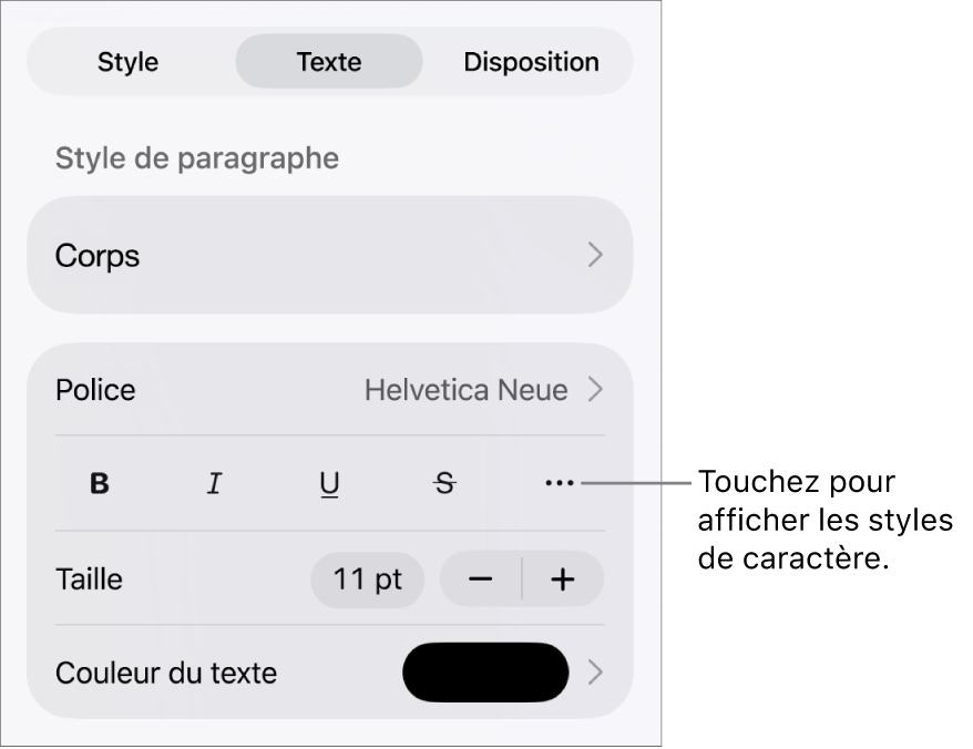 Les commandes de Format avec les styles de paragraphes en haut, puis les commandes de Police. Sous Police se trouvent les boutons Gras, Italique, Souligné, Barré et Plus d’options de texte.