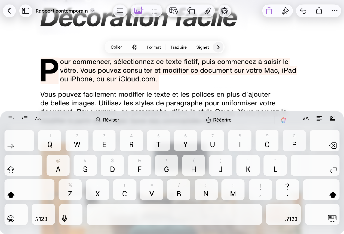 Document Pages ouvert avec texte fictif sélectionné.