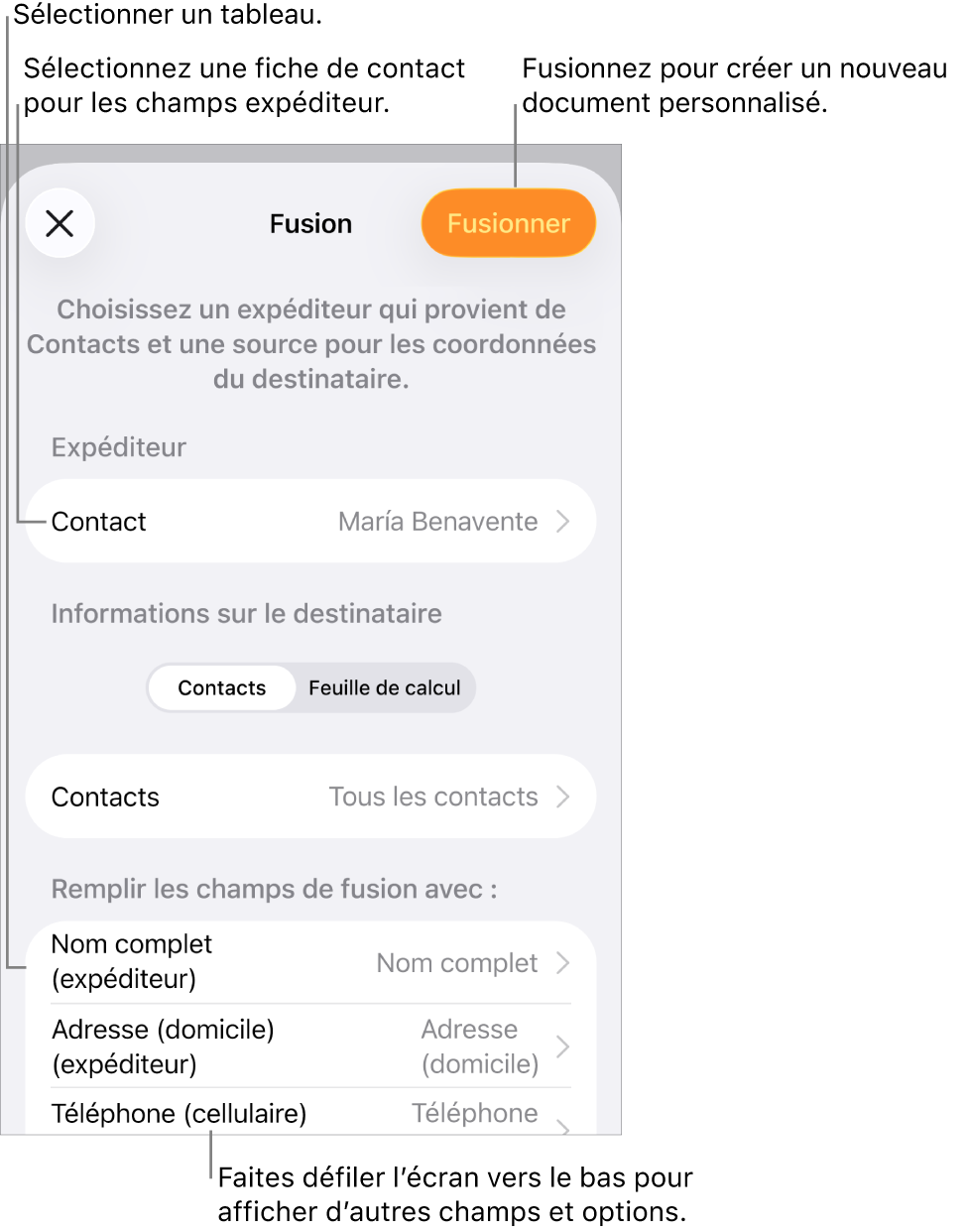 Onglet Fusion ouvert, avec options de sélectionner les informations de l’expéditeur, de modifier le fichier ou le tableau source, d’obtenir un aperçu des noms de champs de fusion ou des registres individuels, ou de fusionner le document.
