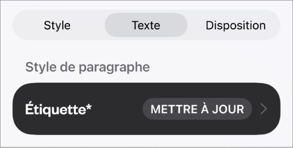 Style de paragraphe Corps avec un astérisque affiché à côté et un bouton Mettre à jour à droite.