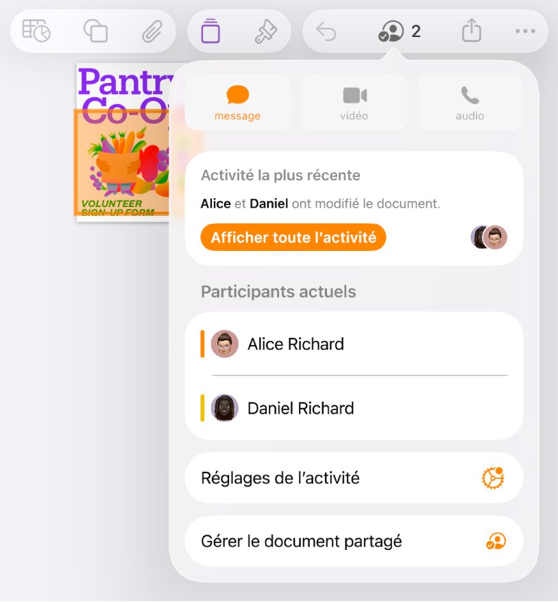 Le menu de collaboration affiche les noms des personnes collaborant au document.