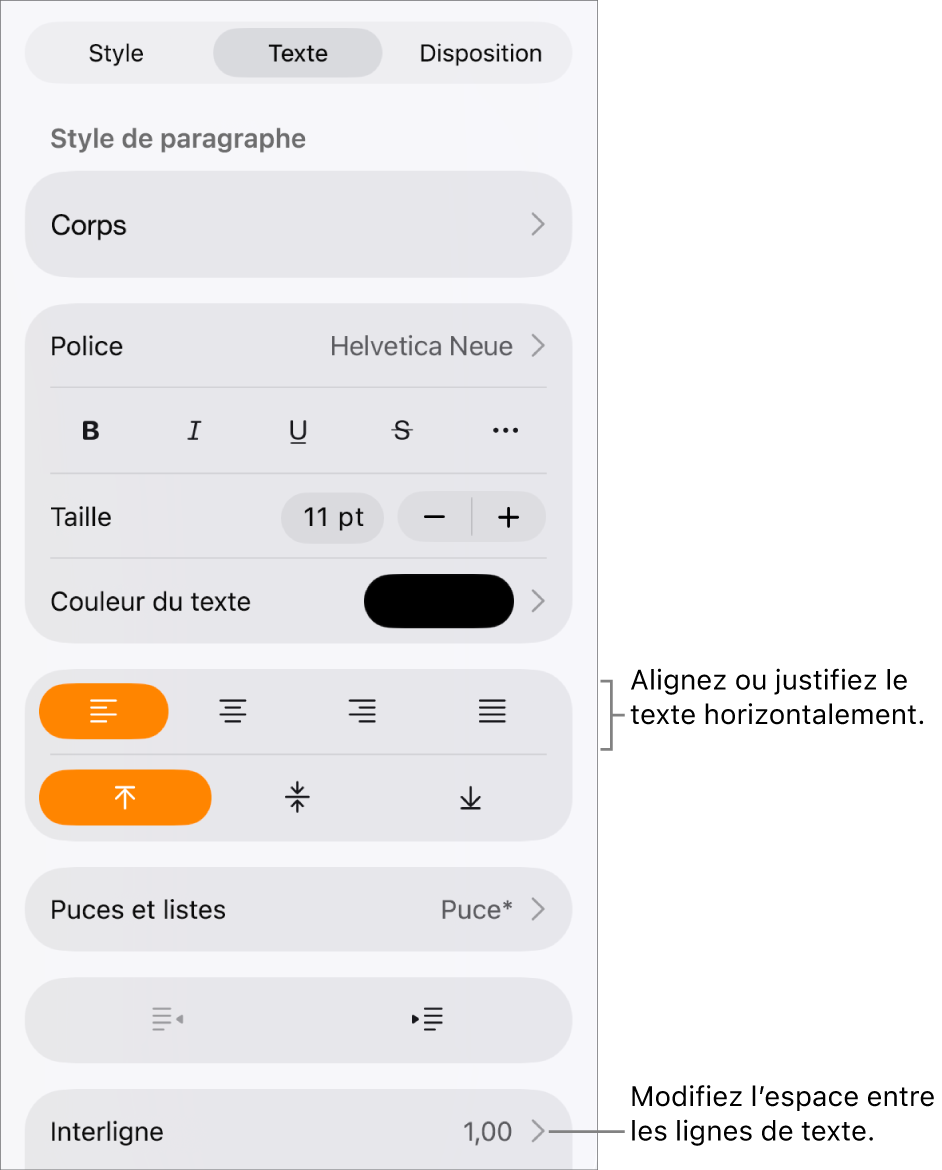 Le bouton des commandes Format avec l’onglet Texte sélectionné et les légendes des boutons d’alignement ainsi que le menu Interligne.