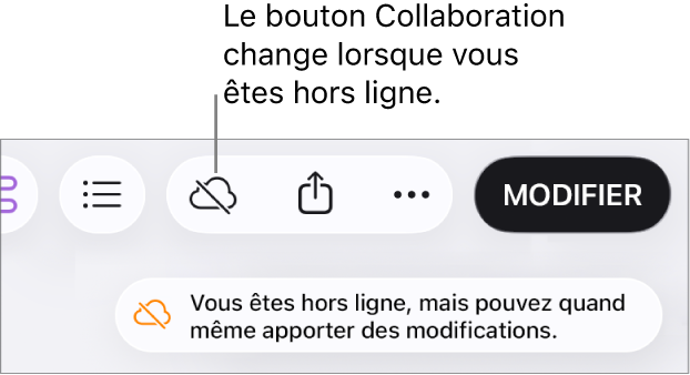 Une alerte à l’écran indique « Vous êtes hors ligne, mais pouvez quand même apporter des modifications ».