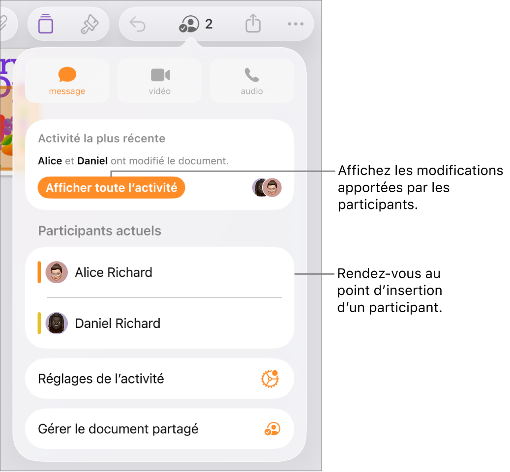 Le menu de collaboration avec la liste des participants actuels.