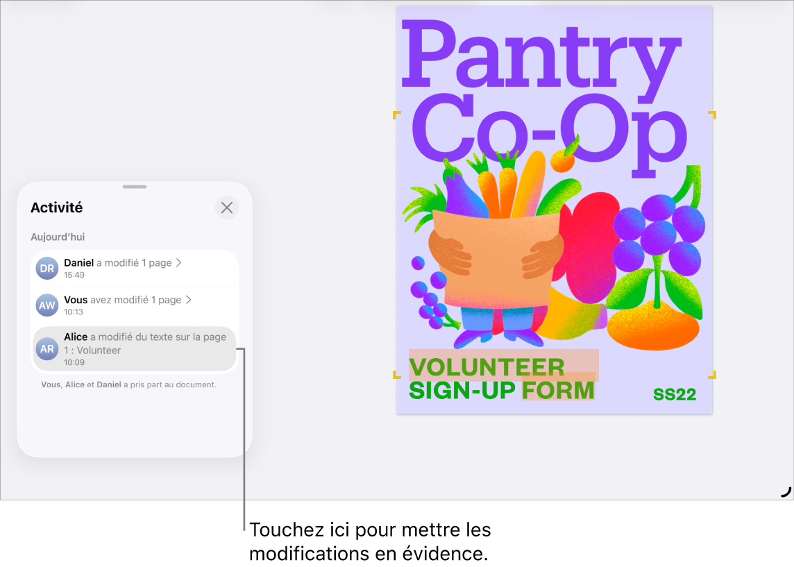 Un document collaboratif avec la liste des activités ouverte.