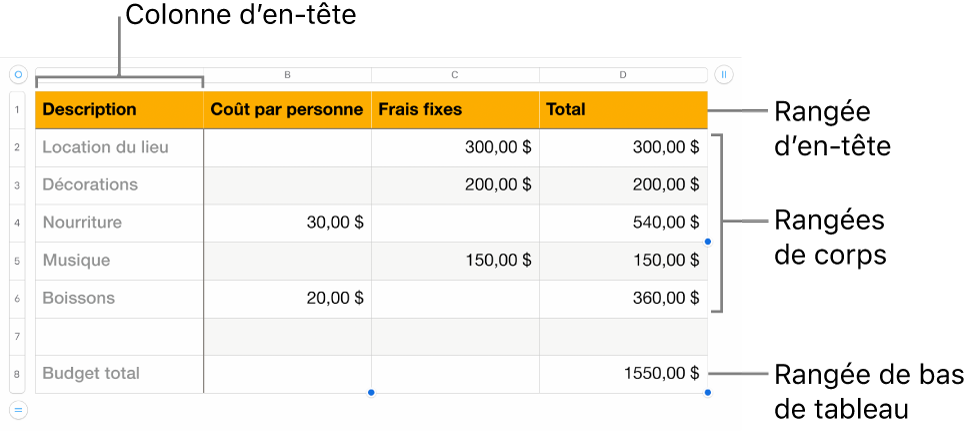 Tableau affichant des rangées et des colonnes d’en-tête, de corps et de bas de tableau.