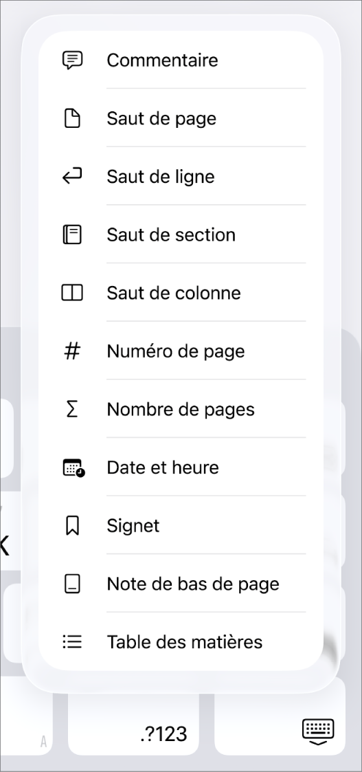 La barre de raccourcis comportant les commandes d’insertion s’ouvre au-dessus du bouton Insérer.