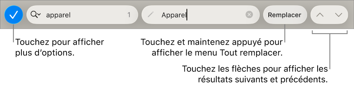 Les commandes Rechercher et remplacer au-dessus du clavier avec des légendes pour les boutons Options de recherche, Remplacer, Monter et Descendre