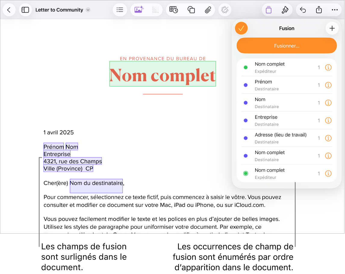Document Pages avec champs de fusion de l’adresse du destinataire mettant en évidence le texte fictif qui sera remplacé, et les instances de champs de fusion répertoriées dans le menu Fusion.