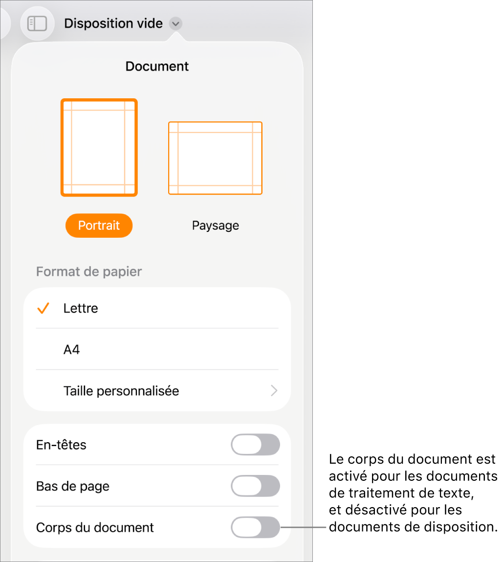 Les commandes Format du document et Corps du document activées vers le bas de l’écran.