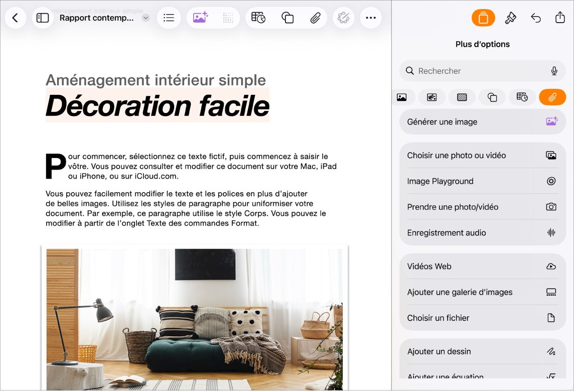 Document Pages ouvert avec le menu Insérer affiché et le menu Multimédia ouvert.