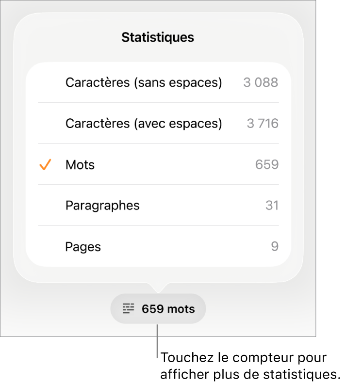 Nombre de mots avec menu présentant des options d’affichage du nombre de caractères avec et sans espaces, du nombre de mots, du nombre de paragraphes et du nombre de pages.