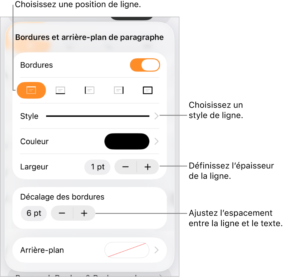 Commandes permettant de modifier le style, l’épaisseur, la position et la couleur de la ligne.