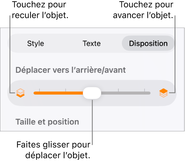 Le bouton de déplacement vers l’arrière, le bouton de déplacement vers l’avant et le curseur de superposition.