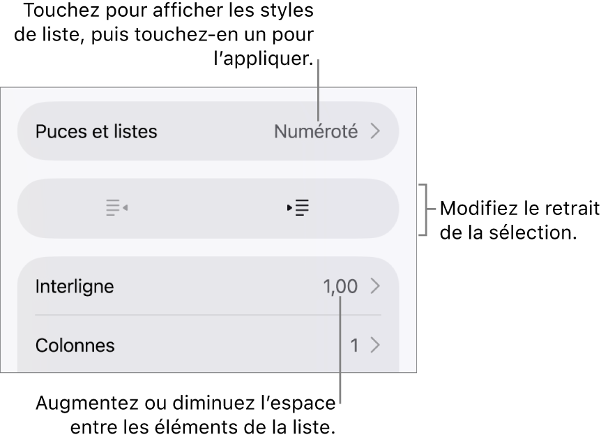 La section Puces et listes des commandes Format avec des légendes indiquant le menu Puces et listes, les boutons de retrait ou de suppression du retrait, et les commandes d’interligne.