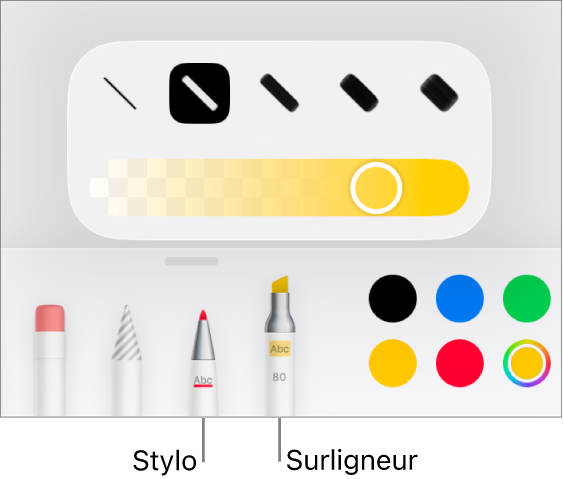 Le menu de l’outil d’annotation intelligente avec les boutons du stylo et du surligneur, les options de largeur des traits et le curseur d’opacité.