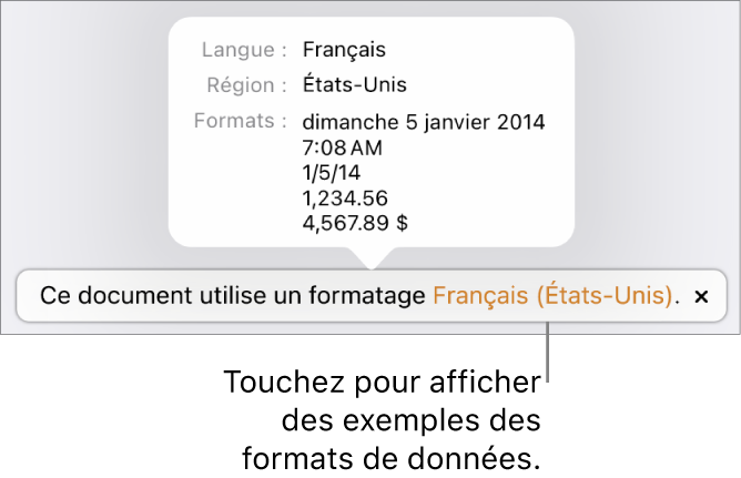 La notification du réglage de langue et de région différent affichant des exemples de la mise en forme correspondant à cette langue et à cette région.