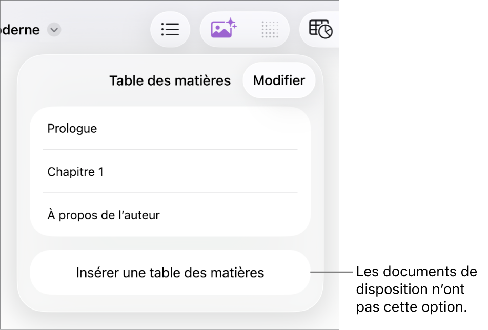 La présentation de la table des matières avec Modifier dans le coin supérieur droit, les entrées et le bouton Insérer une table des matières au bas.