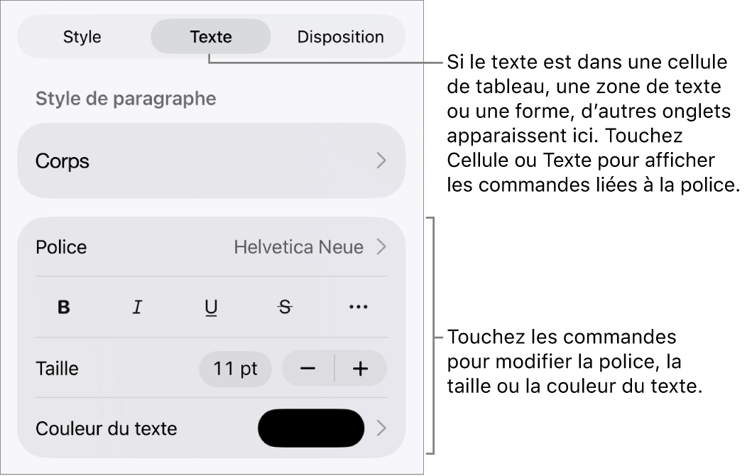 Commandes de texte du menu de format permettant de définir les styles, la police, la taille et la couleur des paragraphes et des caractères.