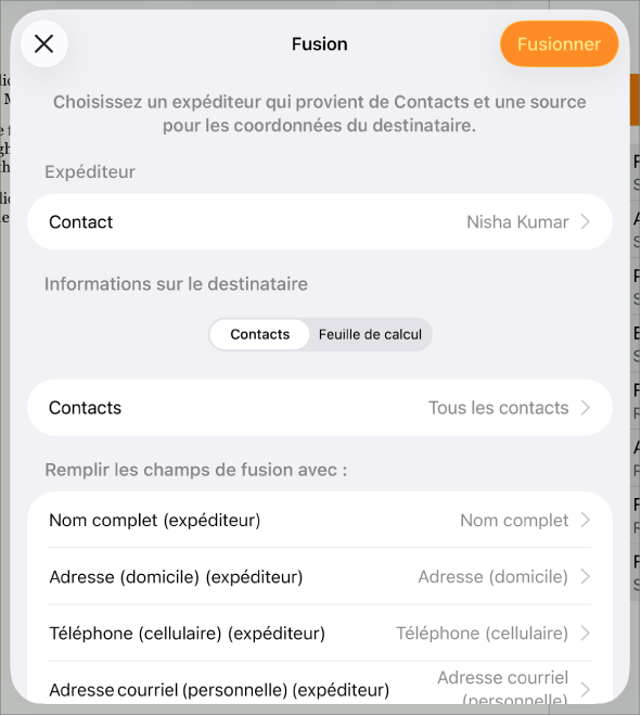 Onglet Fusion ouvert, avec options de sélectionner les informations de l’expéditeur, de modifier le fichier ou le tableau source, d’obtenir un aperçu des noms de champs de fusion, ou de fusionner le document.
