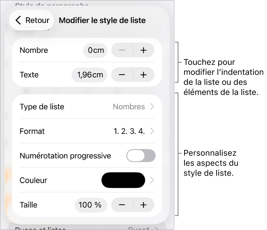 Le menu « Modifier le style de liste » avec des commandes d’espacement de l’indentation, de type et de format de liste, de numérotation progressive, de couleur et de taille de liste, et de numérotation continue.