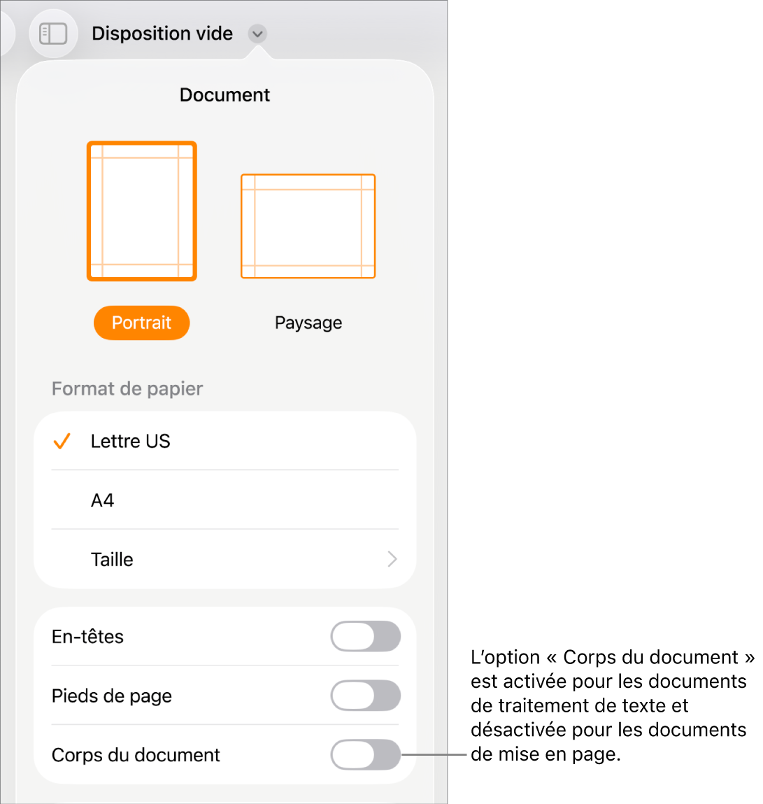 Les commandes de mise en forme de document avec l’option « Corps du document » activée vers le bas de l’écran.