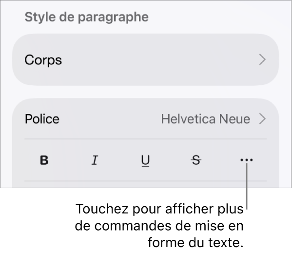 L’onglet Texte des commandes Format, avec une légende vers le bouton « Plus d’options de texte ».