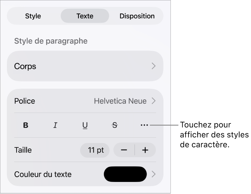 Les commandes de mise en forme avec les styles de paragraphe en haut, suivis des commandes de police. En dessous de Police se trouvent les boutons Gras, Italique, Souligné, Barré et « Plus d’options de texte ».