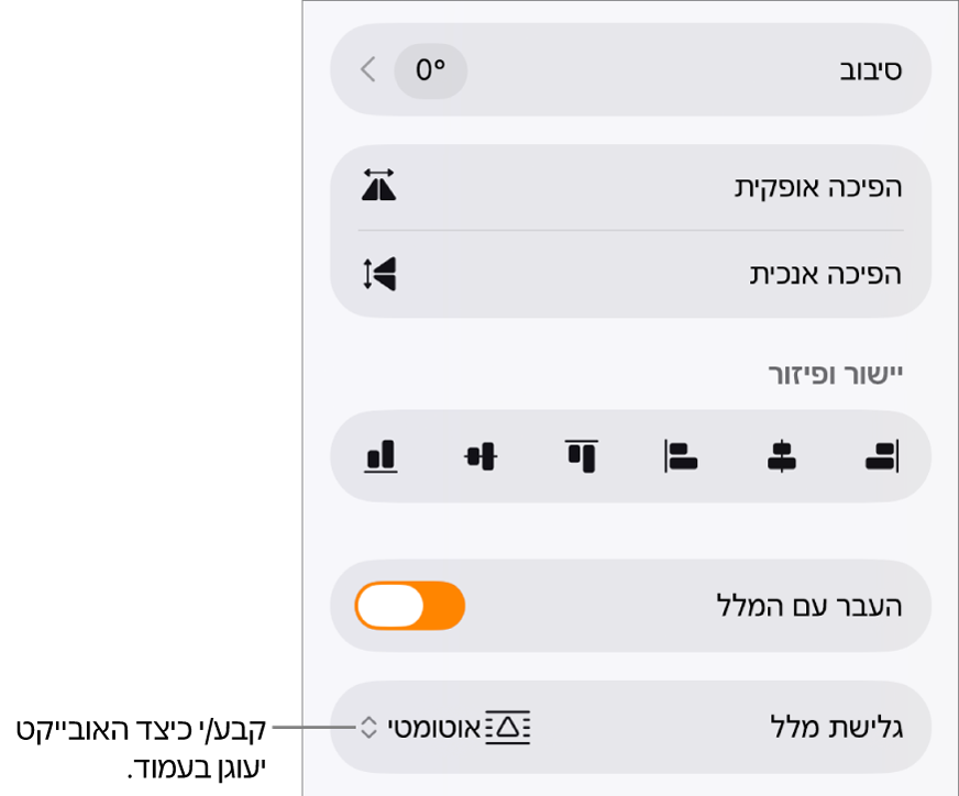 כלי הבקרה ״עיצוב״ כשהכרטיסייה ״ארגן״ נבחרה, ועם כלי הבקרה ״העבר אחורה/קדימה״, ״העבר עם המלל״ ו״גלישת מלל״.