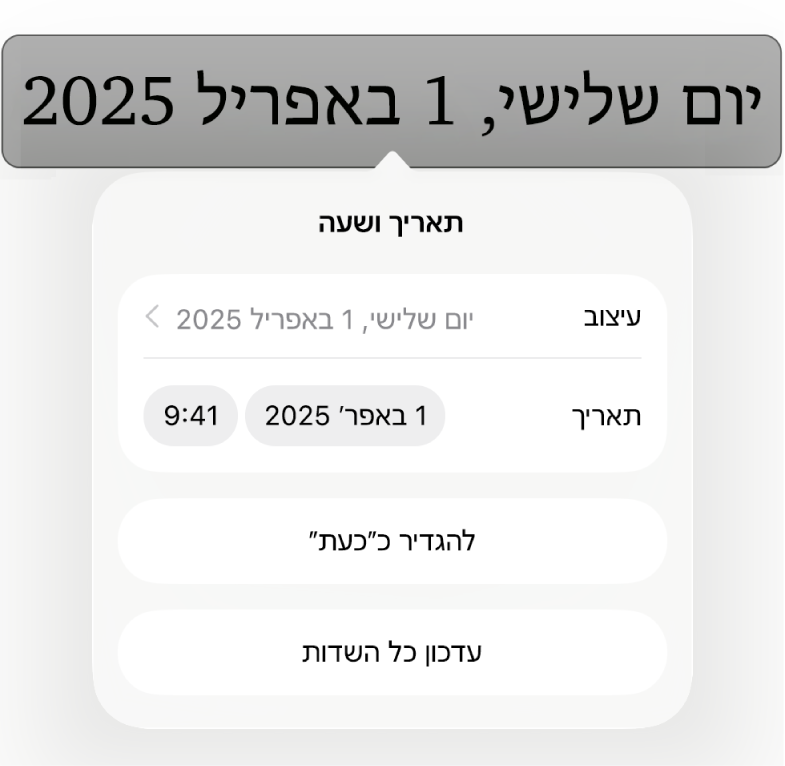 כלי הבקרה של ״תאריך ושעה״ עם תפריט קופצני של מבנה התאריך ועם הכפתורים ״קבע להיום״ ו״עדכן את כל השדות״.