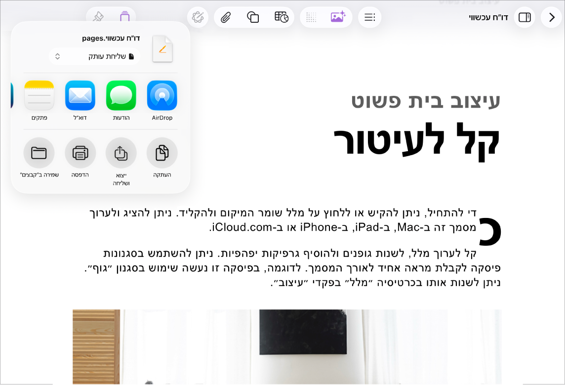 מסמך פעיל שבו אפשרויות השיתוף או הייצוא פתוחות.