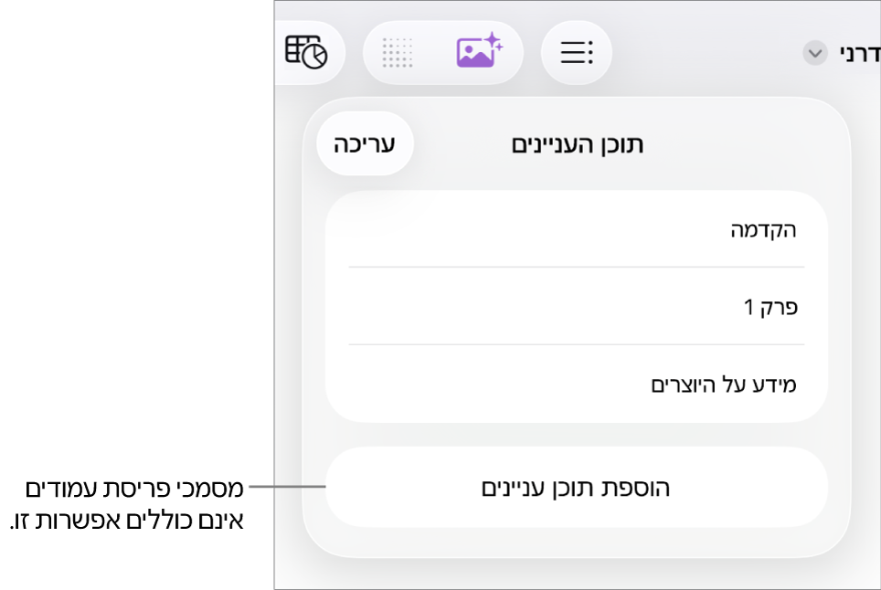 תצוגת תוכן העניינים עם ״עריכה״ בפינה השמאלית העליונה, ערכי תוכן העניינים והכפתור ״הוסף תוכן עניינים״ למטה.