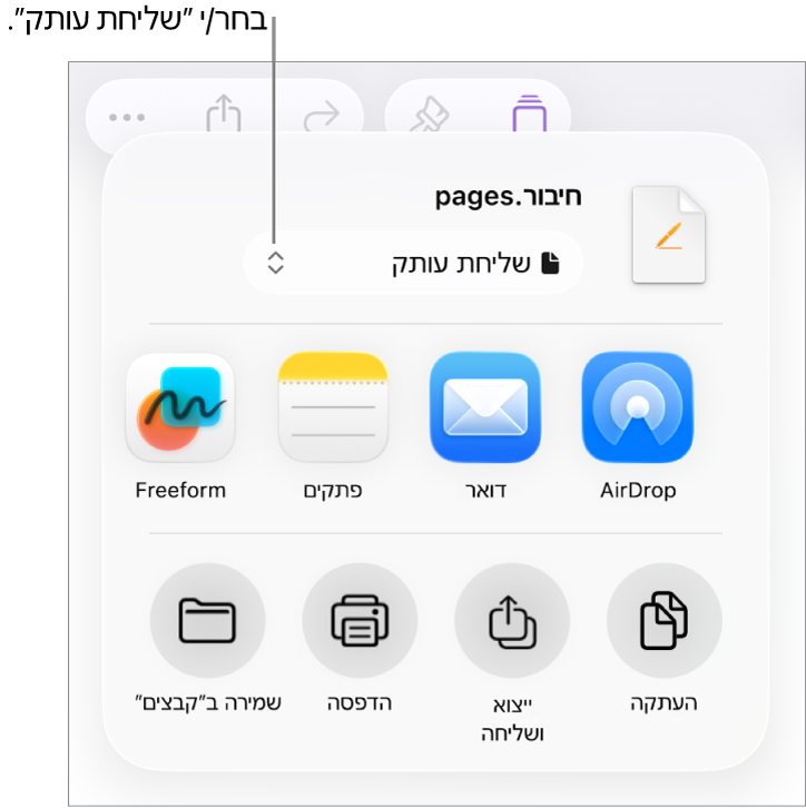 תפריט השיתוף כאשר האפשרות ״שלח/י עותק״ נבחרת בחלק העליון.