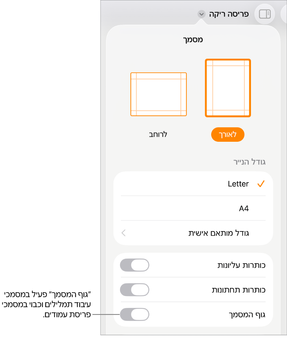 כלי הבקרה של עיצוב ״מסמך״ עם ״גוף המסמך״ מופעל קרוב לתחתית המסך.