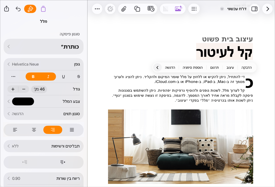 מסמך Pages פתוח שבו נבחר מלל ואפשרויות העיצוב פתוחות.