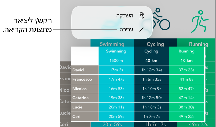 נבחר תא בטבלה, ומעליו מופיע תפריט עם הכפתורים ״העתק״ ו״עריכה״.