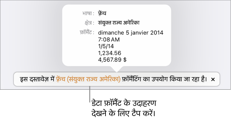 अलग भाषा और क्षेत्र सेटिंग संबंधी सूचना, जो उस भाषा और क्षेत्र के फ़ॉर्मैटिंग से जुड़े उदाहरण दर्शाती है।