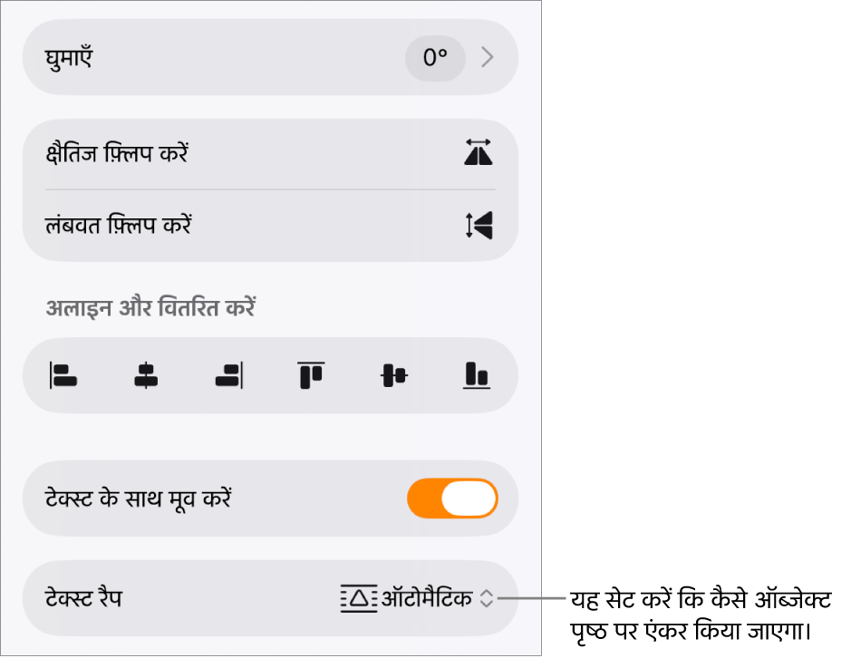 चयनित व्यवस्थित करें टैब वाले फ़ॉर्मैट नियंत्रण और आगे/पीछे मूव करें, टेक्स्ट के साथ मूव करें और टेक्स्ट रैप के लिए नियंत्रण।