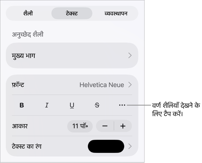 शीर्ष पर अनुच्छेद शैलियों के साथ फ़ॉर्मैट नियंत्रण, फिर फ़ॉन्ट नियंत्रण। फ़ॉन्ट के नीचे टेक्स्ट करने के लिए बोल्ड, अंडरलाइन, स्ट्राइकथ्रू इत्यादि विकल्प के बटन हैं।