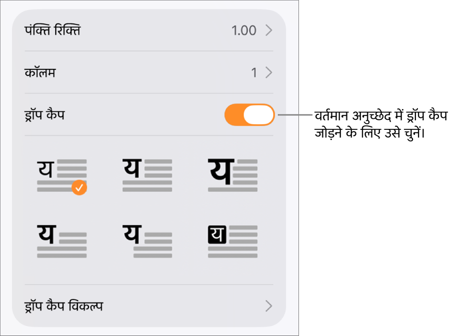 ड्रॉप कैप नियंत्रण टेक्स्ट मेनू के नीचे होते हैं।