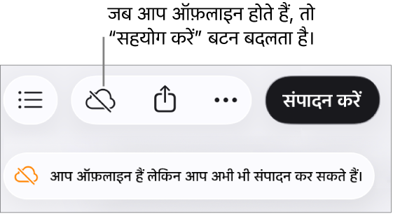स्क्रीन पर एक अलर्ट कहता है, “आप ऑफ़लाइन हैं लेकिन अब भी संपादित कर सकते हैं।”