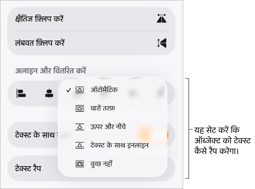 व्यवस्था करें टैब वाला फ़ॉर्मैट नियंत्रण। इसके नीचे “पीछे/आगे मूव करें”, “टेक्स्ट के साथ मूव करें” और “टेक्स्ट रैप” के साथ “टेक्स्ट रैप” नियंत्रण हैं।