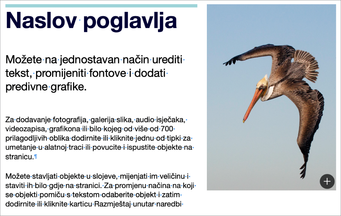 Tekst sa simbolima za prijelome paragrafa i prijelome odjeljka.