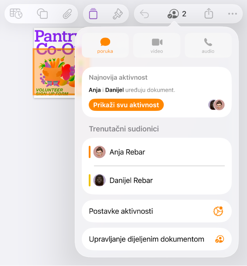 Izbornik suradnje prikazuje imena ljudi koji surađuju na dokumentu.