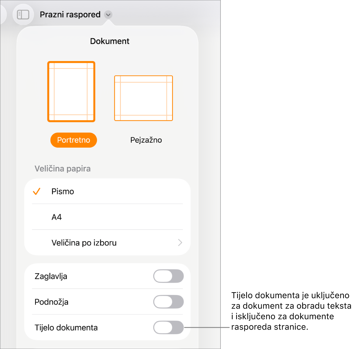 Kontrole formata Dokumenta s uključenim Tijelom dokumenta u blizini zaslona.