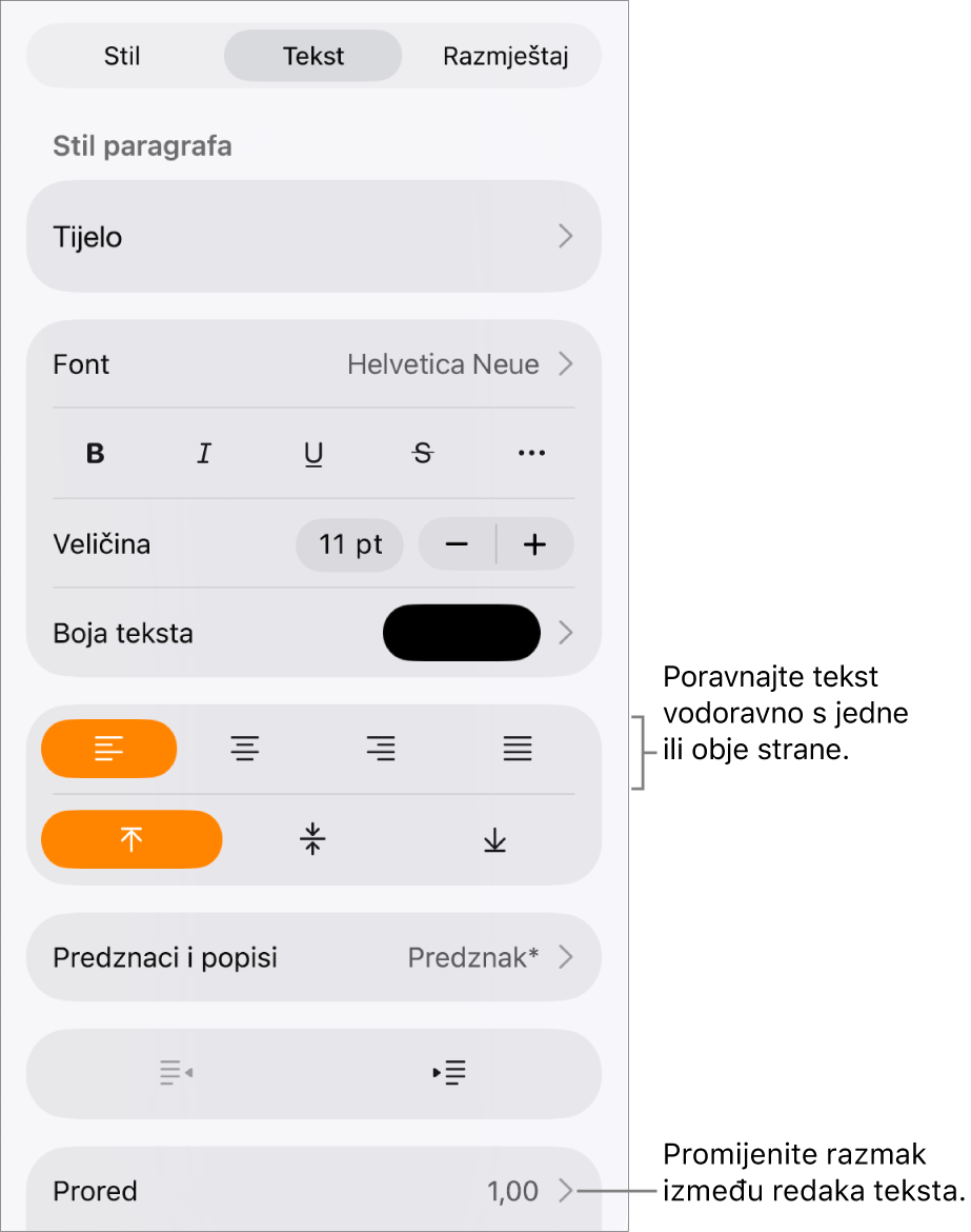 Tipka kontrola formatiranja s odabranom karticom Tekst i oblačićima na tipke poravnanja teksta te stavku izbornika Razmak između redaka.