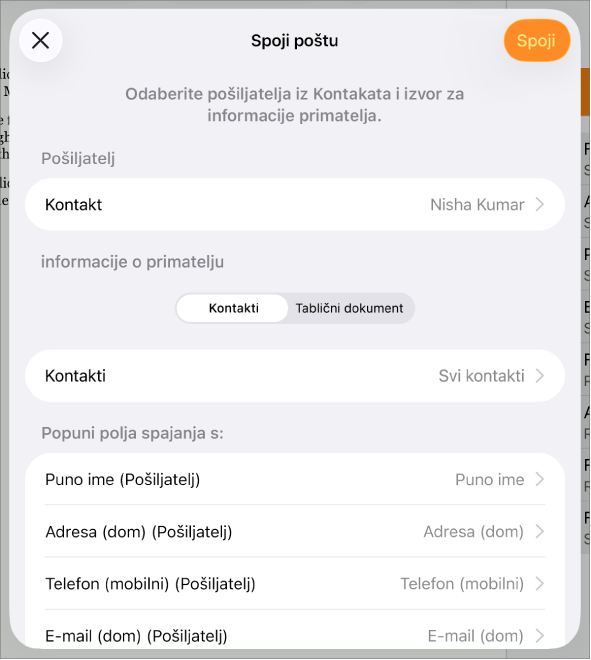 Otvoren je prozor spajanja pošte, s opcijama za odabir informacija o pošiljatelju, promjenu izvorišne datoteke ili tablice, pretpregled naziva polja spajanja ili spajanje dokumenta.