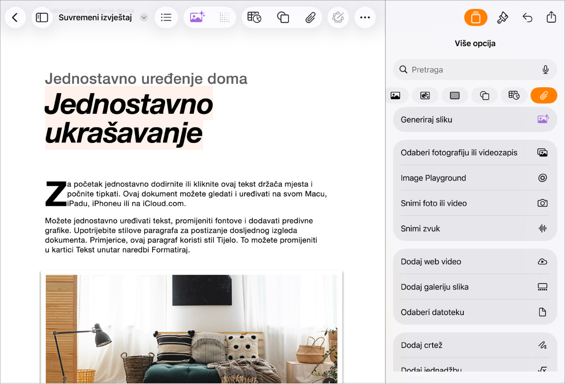 Dokument stranice Pages s prikazanim izbornikom Umetni i otvorenim izbornikom medija.